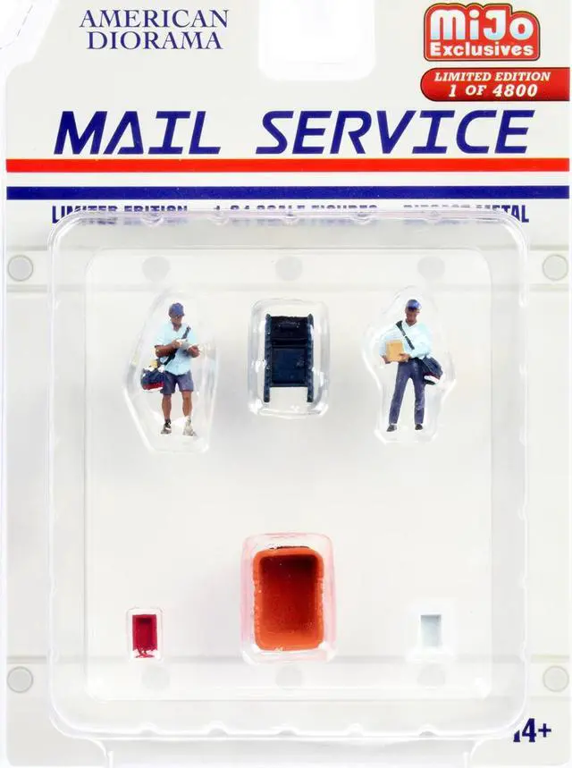 Alt view image 4 of 6 - "Mail Service" 6 piece Diecast Set (2 Male Mail Carrier Figurines and 4 Accessories) Limited Edition to 4800 pieces Worldwide for 1/64 Scale Models by American Diorama