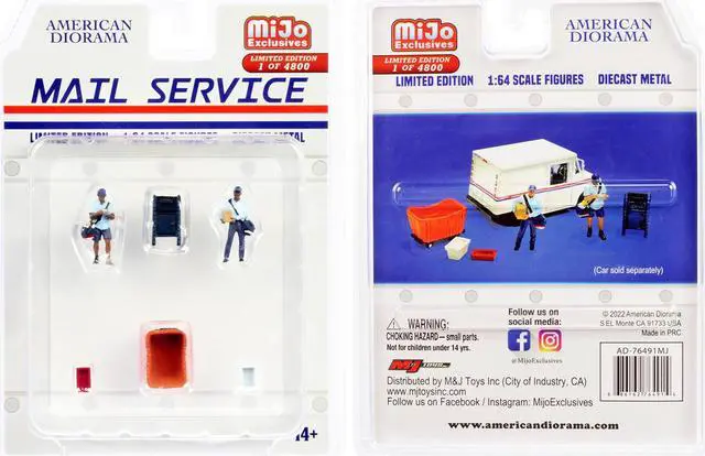 Alt view image 6 of 6 - "Mail Service" 6 piece Diecast Set (2 Male Mail Carrier Figurines and 4 Accessories) Limited Edition to 4800 pieces Worldwide for 1/64 Scale Models by American Diorama