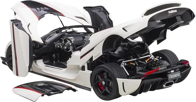 Alt view image 6 of 12 - Koenigsegg Regera White with Black Carbon and Red Stripes 1/18  Model Car by Autoart