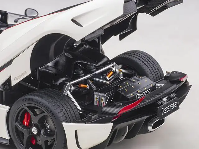 Alt view image 9 of 12 - Koenigsegg Regera White with Black Carbon and Red Stripes 1/18  Model Car by Autoart