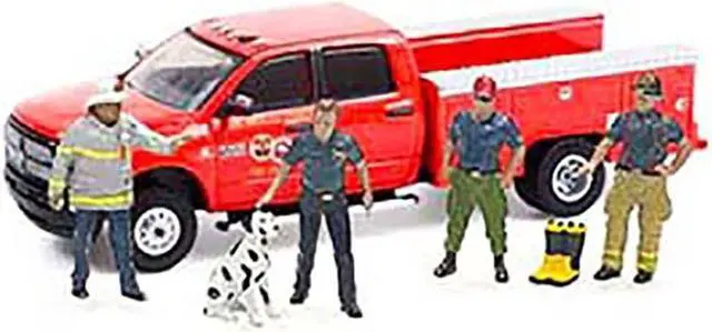 Alt view image 4 of 5 - "Firefighter II" 6 piece Diecast Set (4 Figurines 1 Dog and 1 Accessory) for 1/64 Scale Models by American Diorama