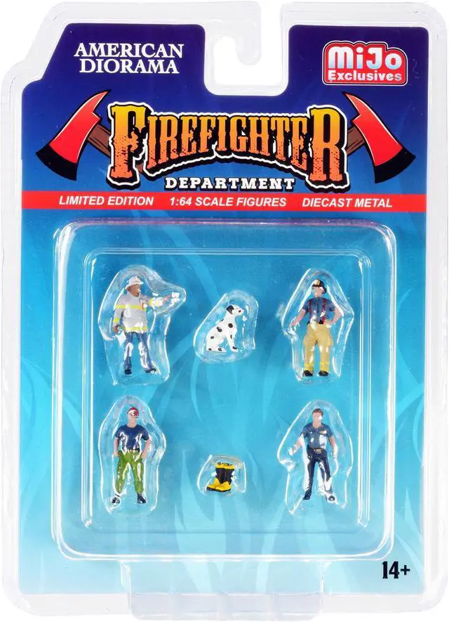 Alt view image 5 of 5 - "Firefighter II" 6 piece Diecast Set (4 Figurines 1 Dog and 1 Accessory) for 1/64 Scale Models by American Diorama