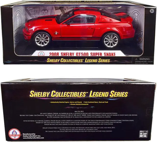 Alt view image 4 of 5 - 2008 Ford Shelby Mustang GT500 Super Snake Red with Black Stripes \Shelby Collectibles Legend\ Series 1/18 Diecast Model Car by Shelby Collectibles"""