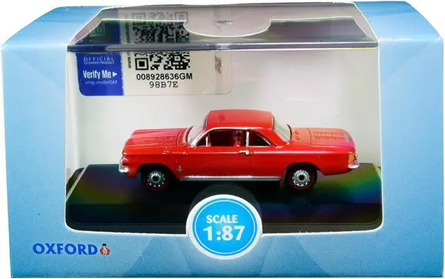 Alt view image 5 of 7 - 1963 Chevrolet Corvair Coupe Riverside Red with Red Interior 1/87 (HO) Scale Diecast Model Car by Oxford Diecast
