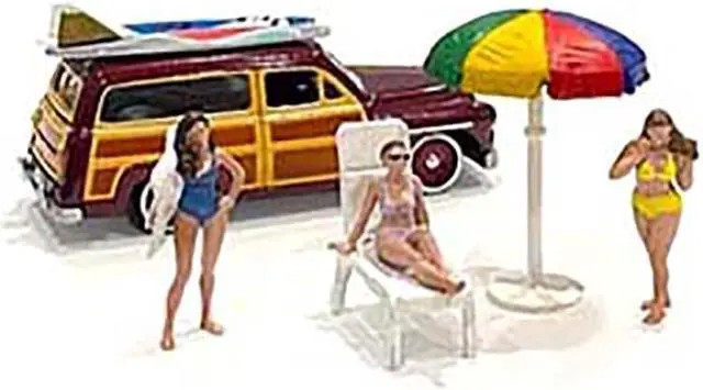 Alt view image 4 of 5 - "Beach Girls" 5 piece Diecast Set (3 Figurines 1 Beach Chaise and 1 Beach Umbrella) for 1/64 Scale Models by American Diorama