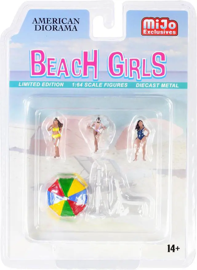Alt view image 5 of 5 - "Beach Girls" 5 piece Diecast Set (3 Figurines 1 Beach Chaise and 1 Beach Umbrella) for 1/64 Scale Models by American Diorama