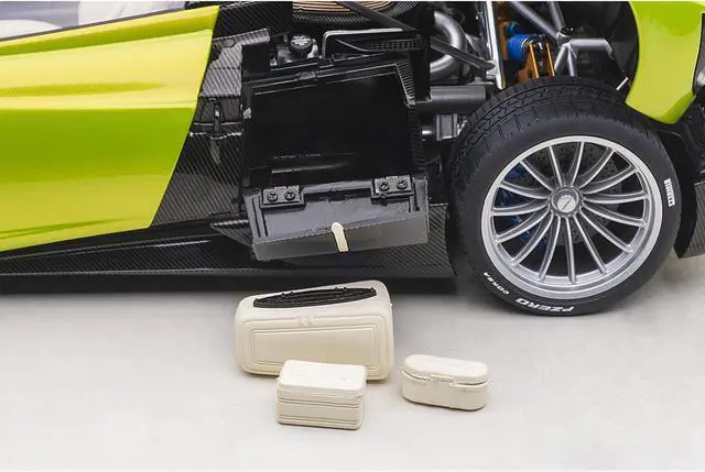 Alt view image 10 of 14 - Pagani Huayra Roadster Verde Firenze Green Metallic and Carbon with Luggage Set 1/18 Model Car by Autoart