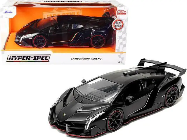 Alt view image 3 of 5 - Lamborghini Veneno Matt Black "Hyper-Spec" Series 1/24 Diecast Model Car by Jada