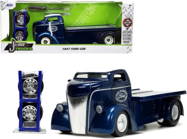 Alt view image 3 of 8 - 1947 Ford COE Flatbed Truck Dark Blue Metallic with White Top "The Famous Motor Cars" with Extra Wheels "Just Trucks" Series 1/24 Diecast Model by Jada