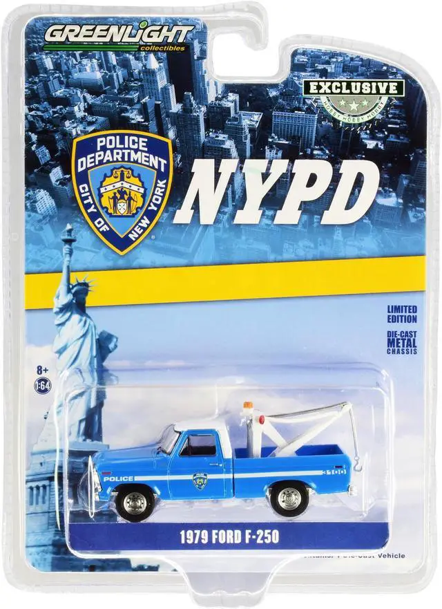 Alt view image 5 of 5 - 1979 Ford F-250 Tow Truck with Drop-In Tow Hook Blue with White Top "New York City Police Dept." (NYPD) "Hobby Exclusive" 1/64 Diecast Model Car by Greenlight