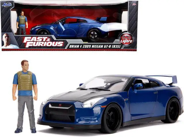 Alt view image 3 of 8 - 2009 Nissan GT-R (R35) Blue Metallic and Carbon with Lights and Brian Figurine "Fast & Furious" Movie 1/18 Diecast Model Car by Jada