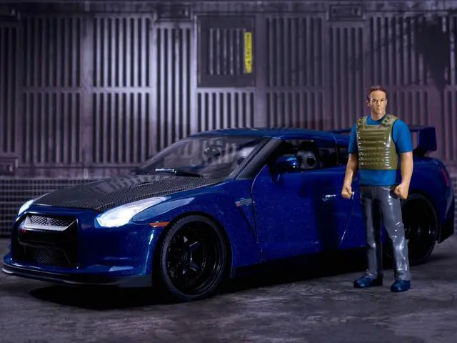 Alt view image 8 of 8 - 2009 Nissan GT-R (R35) Blue Metallic and Carbon with Lights and Brian Figurine "Fast & Furious" Movie 1/18 Diecast Model Car by Jada