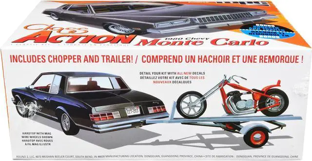 Alt view image 5 of 10 - Skill 2 Model Kit 1980 Chevrolet Monte Carlo "Class Action" With Motorcycle And Trailer (Skill 2) 1/25 Scale Model Car By Mpc