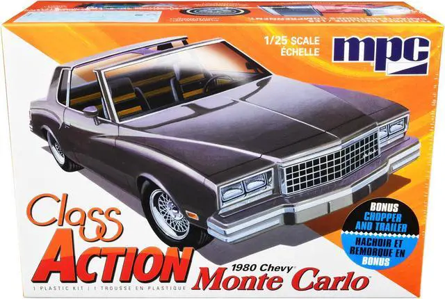 Alt view image 3 of 10 - Skill 2 Model Kit 1980 Chevrolet Monte Carlo "Class Action" With Motorcycle And Trailer (Skill 2) 1/25 Scale Model Car By Mpc