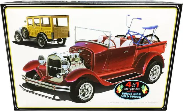 Alt view image 3 of 6 - Skill 2 Model Kit 1929 Ford Woody Pickup 4-in-1 Kit with Bike 1/25 Scale Model by AMT