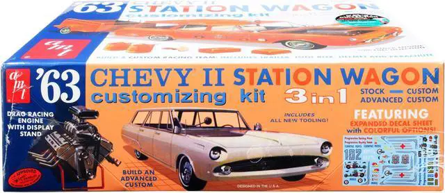 Alt view image 4 of 6 - Skill 2 Model Kit 1963 Chevrolet II Station Wagon with Trailer 3-in-1 Kit 1/25 Scale Model by AMT