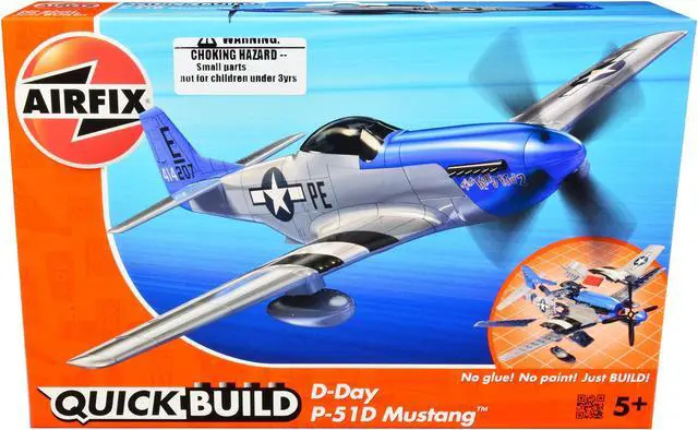 Main image of Skill 1 Model Kit D-Day P-51D- Mustang Snap Together Painted Plastic Model Airplane Kit by Airfix Quickbuild