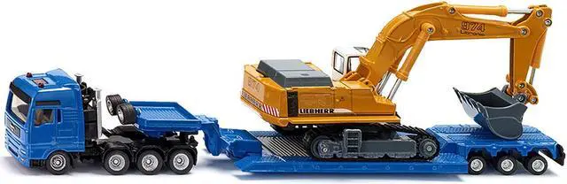 Alt view image 2 of 6 - Heavy Haulage Flatbed Transporter Blue and Liebherr 974 Litronic Excavator Yellow 1/87 (HO) Diecast Models by Siku