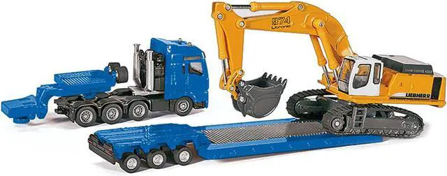 Alt view image 4 of 6 - Heavy Haulage Flatbed Transporter Blue and Liebherr 974 Litronic Excavator Yellow 1/87 (HO) Diecast Models by Siku