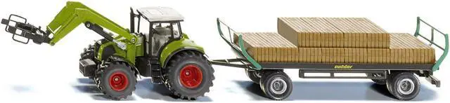Alt view image 2 of 3 - Claas Tractor with Square Bale Grab Green and Oehler Bale Trailer with 12 Hay Bales 1/50 Diecast Model by Siku