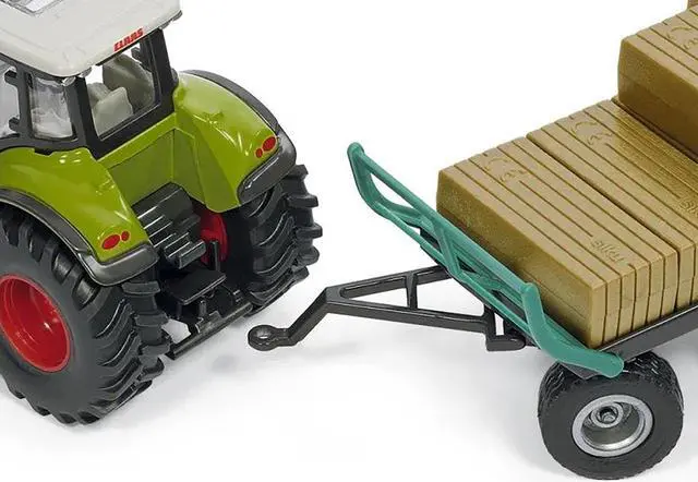 Alt view image 3 of 3 - Claas Tractor with Square Bale Grab Green and Oehler Bale Trailer with 12 Hay Bales 1/50 Diecast Model by Siku