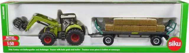 Main image of Claas Tractor with Square Bale Grab Green and Oehler Bale Trailer with 12 Hay Bales 1/50 Diecast Model by Siku