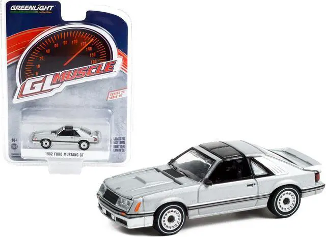 Main image of 1982 Ford Mustang GT 5.0 Silver Metallic with Black Stripes "Greenlight Muscle" Series 26 1/64 Diecast Model Car by Greenlight