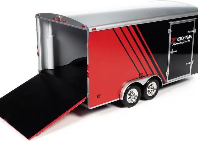 Alt view image 2 of 4 - Four Wheel Enclosed Car Trailer "Yokohama Motorsports" Black and Red for 1/18 Scale Model Cars by Auto World