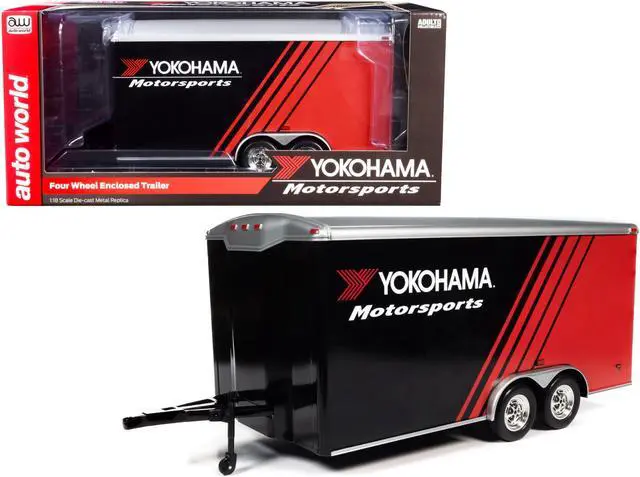 Main image of Four Wheel Enclosed Car Trailer "Yokohama Motorsports" Black and Red for 1/18 Scale Model Cars by Auto World