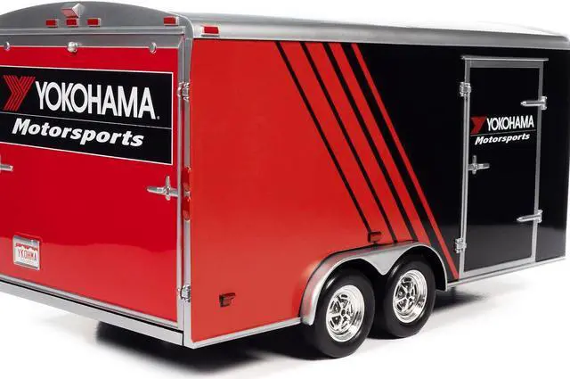 Alt view image 3 of 4 - Four Wheel Enclosed Car Trailer "Yokohama Motorsports" Black and Red for 1/18 Scale Model Cars by Auto World