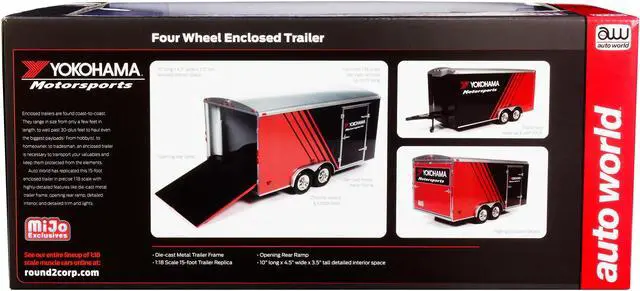 Alt view image 4 of 4 - Four Wheel Enclosed Car Trailer "Yokohama Motorsports" Black and Red for 1/18 Scale Model Cars by Auto World
