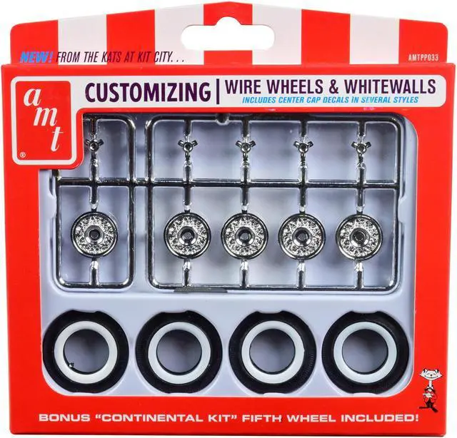 Main image of Skill 2 Model Kit Wire Wheels and Whitewall Tires Set of 5 Pieces for 1/25 Scale Models by AMT