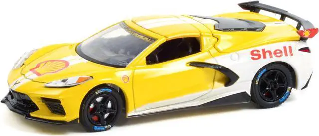 Alt view image 2 of 3 - 2021 Chevrolet Corvette C8 Stingray Coupe "Shell Oil" Yellow & White "Running on Empty" 1/64 Diecast Model Car by Greenlight