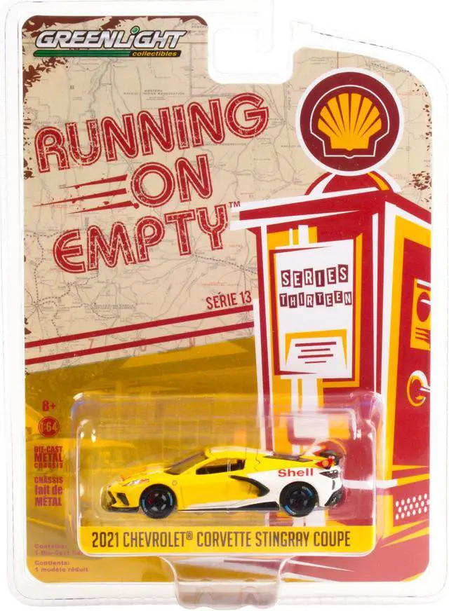Alt view image 3 of 3 - 2021 Chevrolet Corvette C8 Stingray Coupe "Shell Oil" Yellow & White "Running on Empty" 1/64 Diecast Model Car by Greenlight