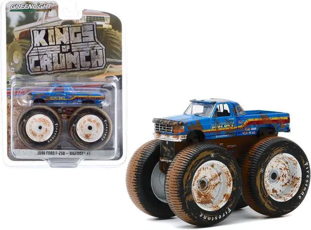 Main image of 1996 Ford F-250 Monster Truck "Bigfoot #7" Blue (Dirty Version) "Kings of Crunch" Series 7 1/64 Diecast Model Car by Greenlight