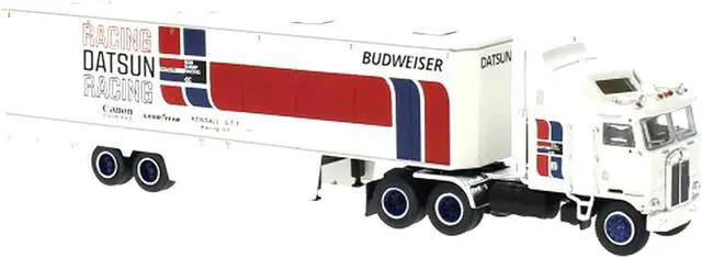 Alt view image 2 of 3 - 1980 Kenworth K-100 COE Aerodyne Transporter White "Datsun Racing" 1/87 (HO) Scale Model Car by Brekina