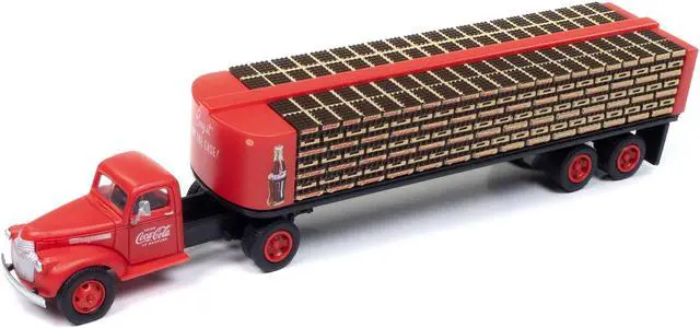 Alt view image 2 of 3 - 1941-1946 Chevrolet Tractor Red with Flatbed Bottle Trailer "Coca-Cola" 1/87 (HO) Scale Model Car by Classic Metal Works