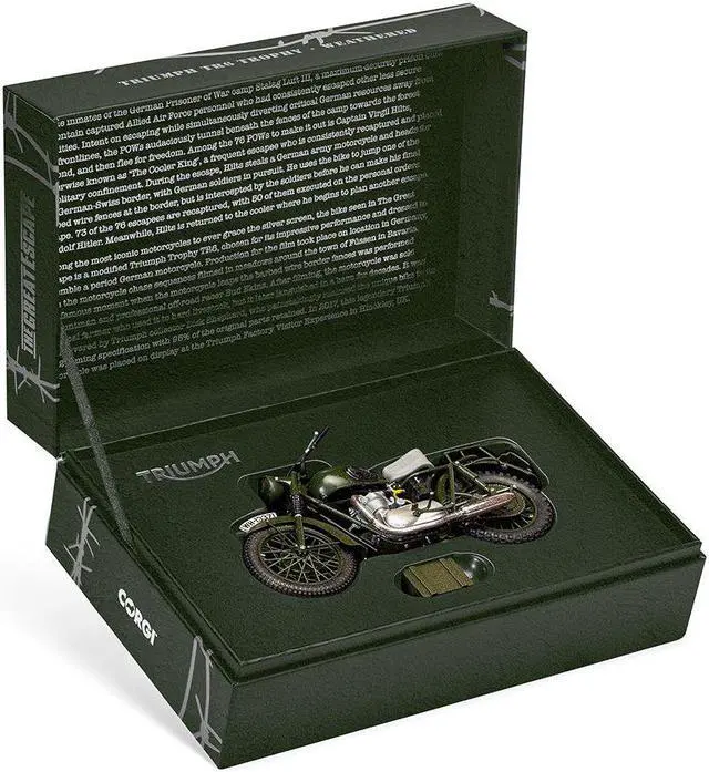 Alt view image 3 of 3 - Triumph TR6 Trophy Motorcycle Dark Green (Weathered) "The Great Escape" (1963) Movie Diecast Model by Corgi