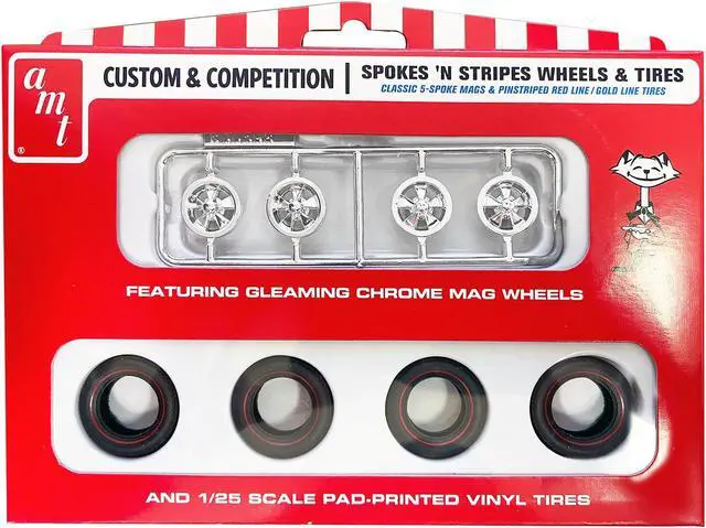 Main image of Skill 2 Model Kit "Spokes 'N Stripes" Wheels and Tires Set of 4 Pieces 1/25 Scale Model by AMT
