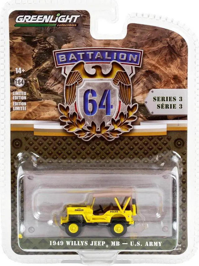 Alt view image 3 of 3 - 1949 Willys Jeep MB U.S. Army "545th Military Police Company Camp Drake, Japan Training Camp" Yellow 1/64 Diecast Model Car by Greenlight
