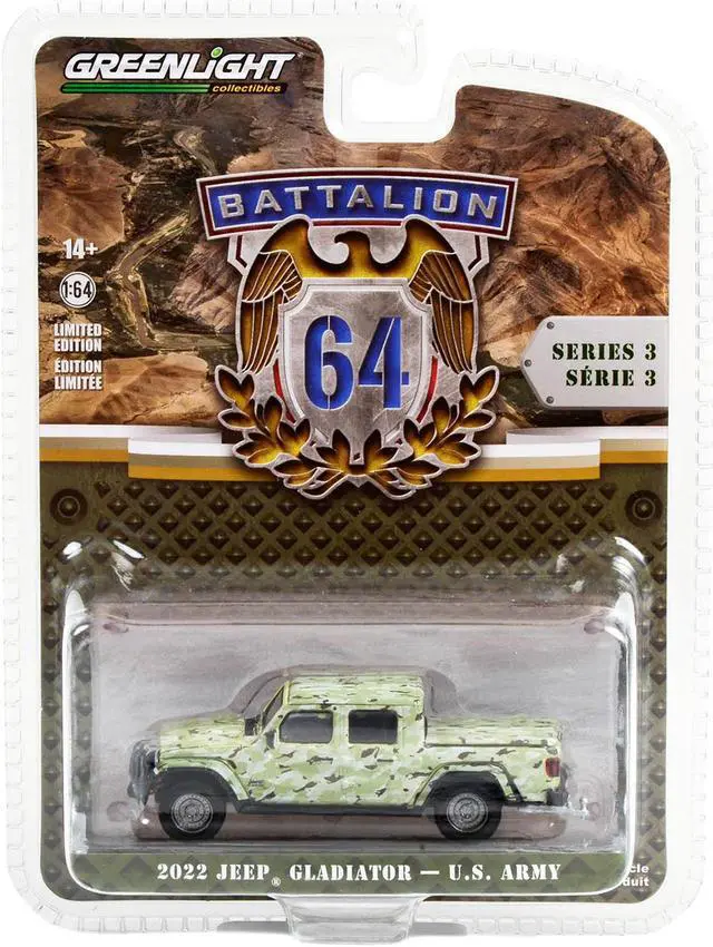 Alt view image 3 of 3 - 2022 Jeep Gladiator Pickup Truck "U.S. Army" Military-Spec Camouflage "Battalion 64" 1/64 Diecast Model Car by Greenlight