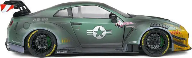 Alt view image 3 of 5 - 2022 Nissan GT-R (R35) RHD Liberty Walk 2.0 Body Kit "Army Fighter" "Competition" Series 1/18 Diecast Model Car by Solido
