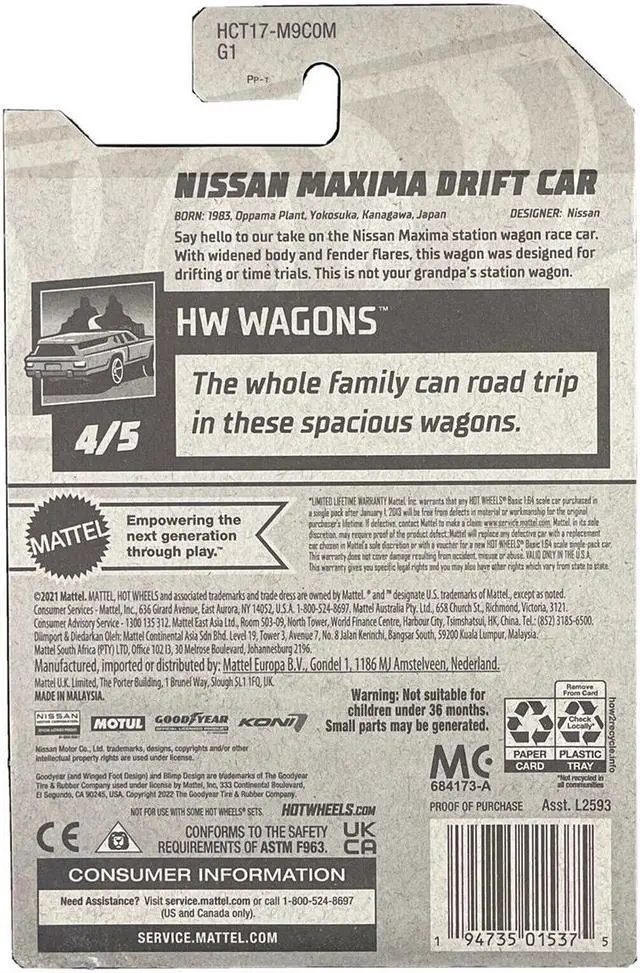 Alt view image 2 of 3 - Nissan Maxima Wagon Drift Car #68 "Motul" Cream with Red Stripes "HW Wagons" Series Diecast Model Car by Hot Wheels