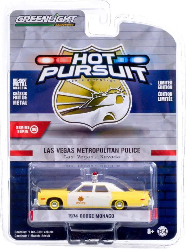 Alt view image 3 of 3 - 1974 Dodge Monaco Yellow & White "Las Vegas Metropolitan Police Dept." (Nevada) Hot Pursuit 1/64 Diecast Model Car by Greenlight