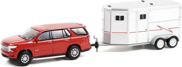 Alt view image 2 of 3 - 2021 Chevrolet Tahoe Cherry Red Pearl with White Horse Trailer "Hitch & Tow" Series 23 1/64 Diecast Model Car by Greenlight