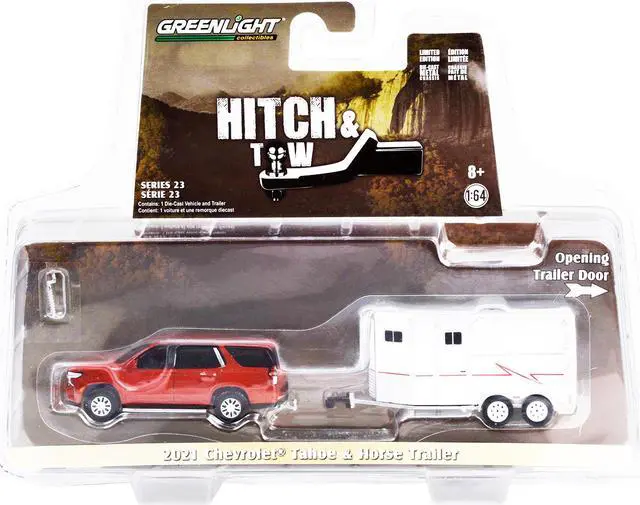 Alt view image 3 of 3 - 2021 Chevrolet Tahoe Cherry Red Pearl with White Horse Trailer "Hitch & Tow" Series 23 1/64 Diecast Model Car by Greenlight