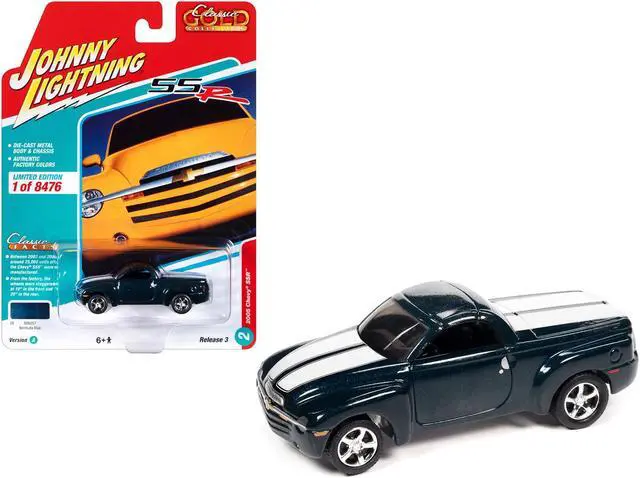 Main image of 2005 Chevrolet SSR Pickup Truck Bermuda Blue Met. w/White Stripes Ltd Ed to 8476 pcs 1/64 Diecast Model Car by Johnny Lightning