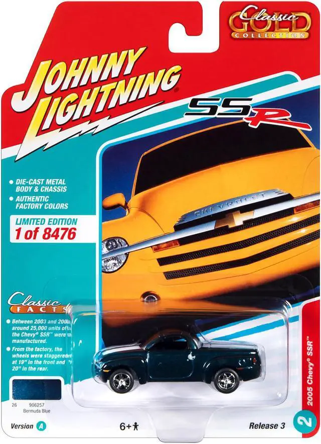 Alt view image 3 of 3 - 2005 Chevrolet SSR Pickup Truck Bermuda Blue Met. w/White Stripes Ltd Ed to 8476 pcs 1/64 Diecast Model Car by Johnny Lightning