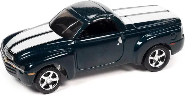 Alt view image 2 of 3 - 2005 Chevrolet SSR Pickup Truck Bermuda Blue Met. w/White Stripes Ltd Ed to 8476 pcs 1/64 Diecast Model Car by Johnny Lightning