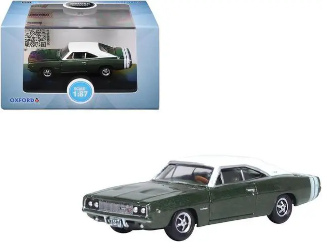 Main image of 1968 Dodge Charger Racing Green Metallic with White Top and Tail Stripe 1/87 (HO) Diecast Model Car by Oxford Diecast
